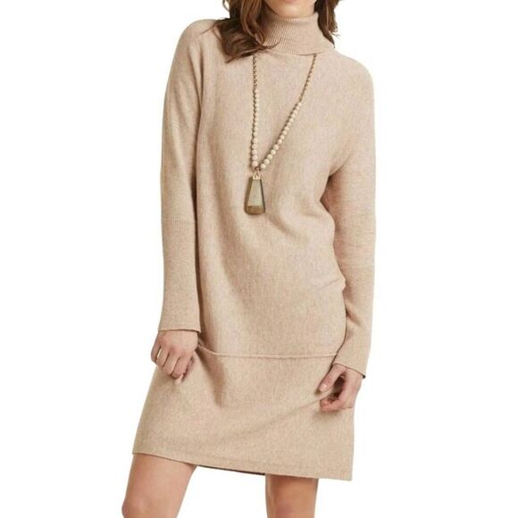 New Mud Pie Tan Sweater Dress Pullover Tunic Oversized Ribbed Turtle Neck Size L - Picture 1 of 8